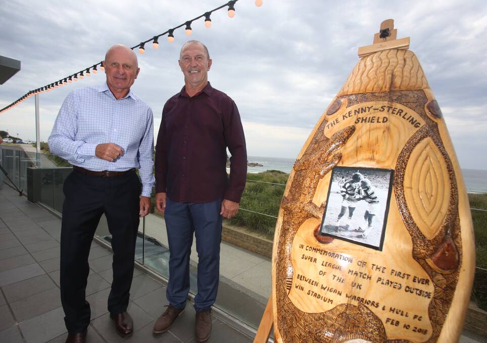 HISTORY: Parramatta Eels legends Peter Sterling and Brett Kenny with the inaugural Kenny-Sterling Shield at City Beach Function Centre on Friday. Pictures: Robert Peet