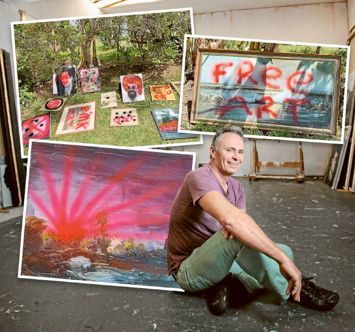 WORKS: Illawarra artist Paul Ryan and (inset) some of the works he gave away for free. Main picture: Adam McLean, other images: Instagram