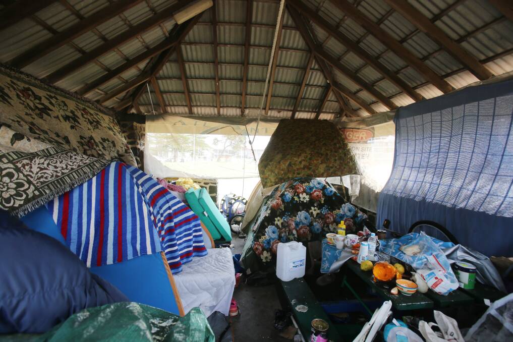 HOMELESS: One of the picnic huts in Wollongong’s Lang Park on Monday. Pictures: Robert Peet