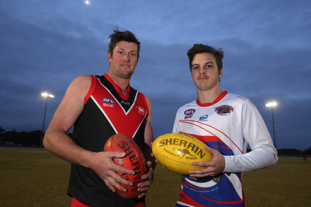 Lions player Jake Hogarth and Bulldogs player Christian Foster ahead of this weekend's game. Picture: Robert Peet
