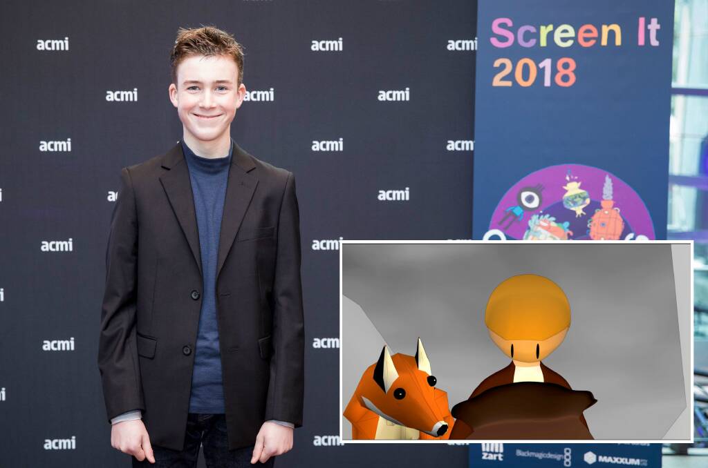WINNER: Ryan Twemlow at the recent awards ceremony, where he won the top prize in the ‘Senior (Year 9-12) Animation’ category. Pictured inset is a scene from The Fox and The Child. Main picture: Charlie Kinross
