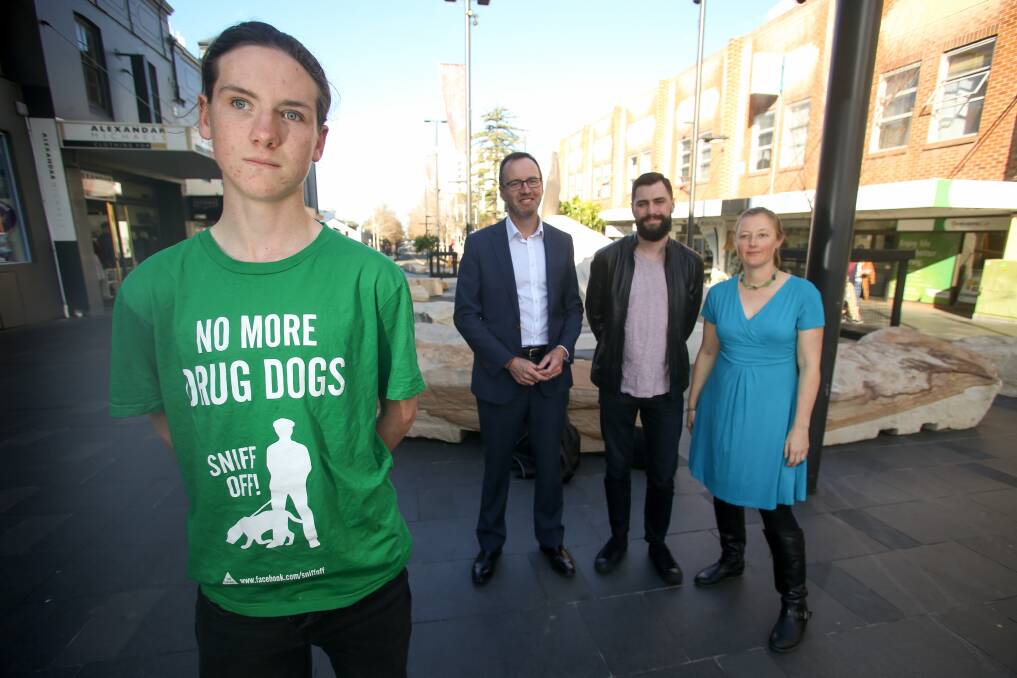 CAMPAIGN: Toby Thompson, Greens MP David Shoebridge, Tom Raue and Wollongong councillor Cath Blakey at the launch of 'Sniff Off' in Wollongong on Friday. Picture: Georgia Matts