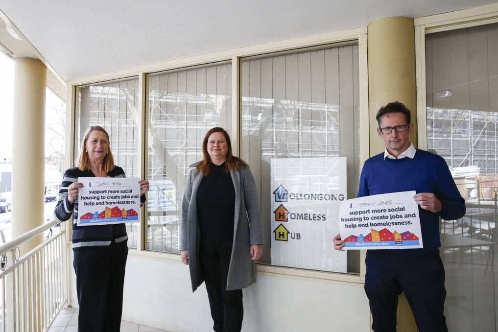 CALL FOR ACTION: MPs Sharon Bird (left) and Stephen Jones with Mandy Booker from the Wollongong Homeless Hub. Picture: Anna Warr