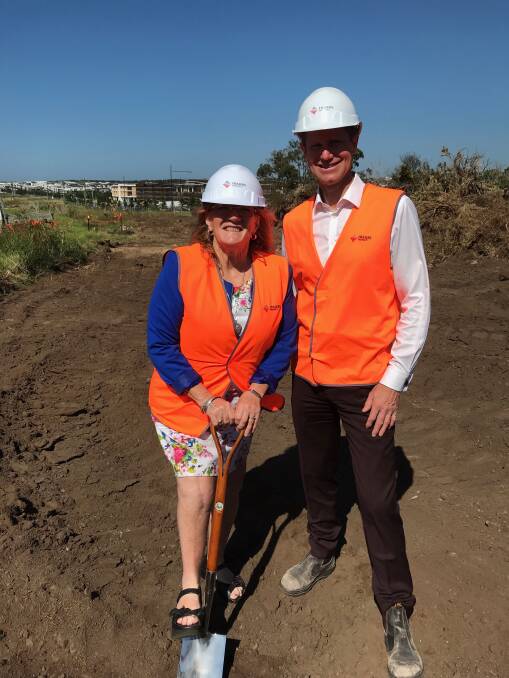 Shellharbour Mayor Marianne Saliba and Glenn Colquhoun, development director – Shell Cove, Frasers Property Australia at the sod-turning ceremony on Wednesday. Picture: Supplied