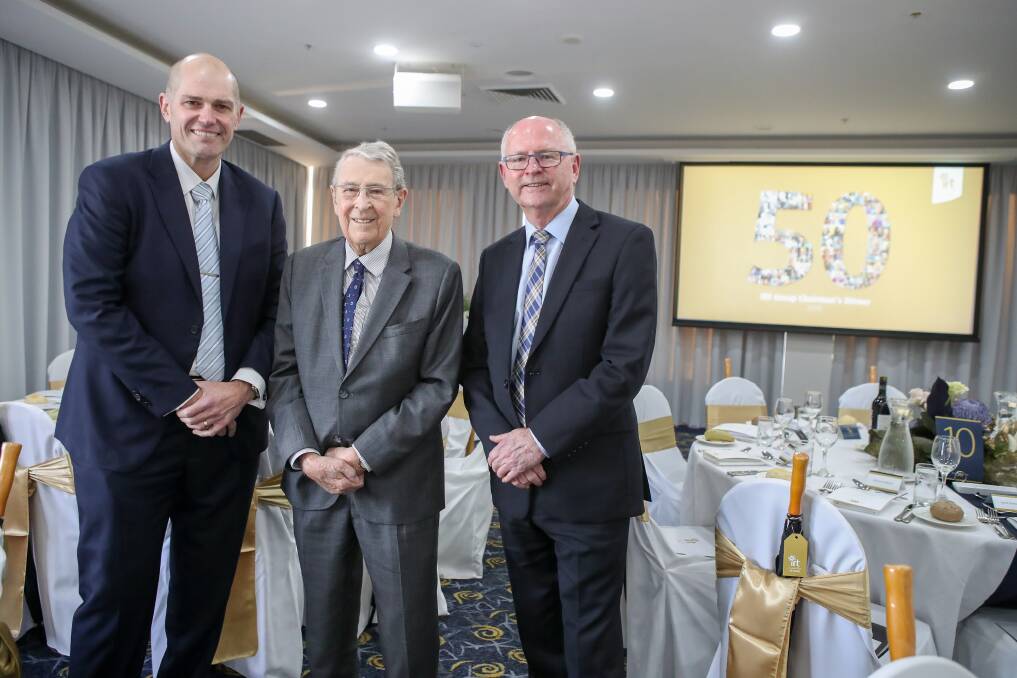 OCCASION: (Left to right) IRT Group CEO Patrick Reid; Michael Paul, founding director; and Mike Halloran, IRT Group chairman, at the 50th anniversary dinner. Picture: Adam McLean
