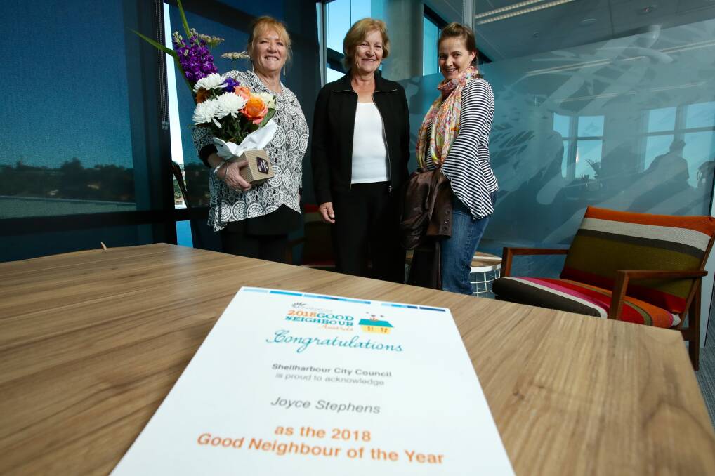 HONOUR: Shellharbour Mayor Marianne Saliba, Joyce Stephens and Manja Zschoener at the Shellharbour Civic Centre for the awards presentation. Picture: Adam McLean 