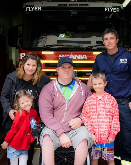 BEST MATES: Firefighter Matt Pridham (right) will be raising funds for MND research. He is pictured with Adam and Kylie Regal and their children Ajai, 9, and Ciara, 5.
