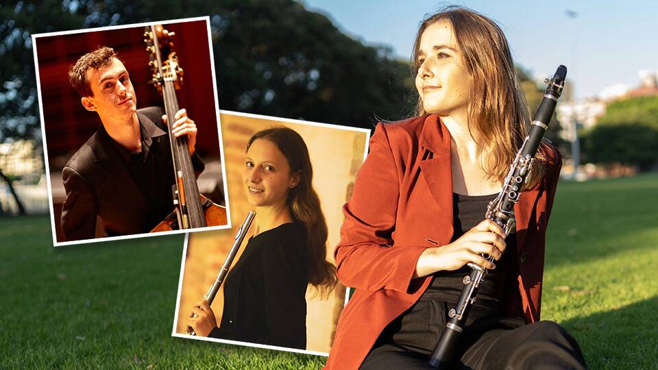 Young Illawarra musicians Adrian Whitehall, Jess Scott and Claudia Jelic (right) have collaborated on a new musical composition. Pictures: Supplied