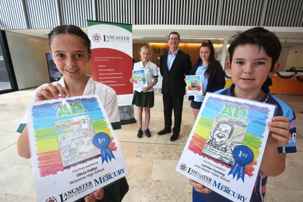 WINNERS: Lancaster Law & Mediation's Graham Lancaster with winners (left to right) Olivia Pallier from Woonona High School, Avoca Chappell from Woonona High School, Laura Carrall from Lake Illawarra High School and Lachlan Farthing from Lake Heights Public School. Picture: Robert Peet