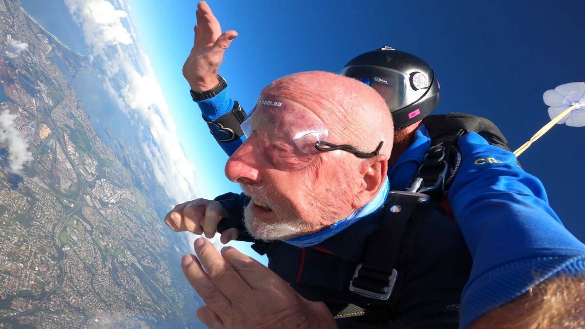 CELEBRATING: Illawarra Diggers resident Peter Pfister celebrated his 90th birthday by skydiving on Sunday. Picture: Skydive Sydney-Wollongong