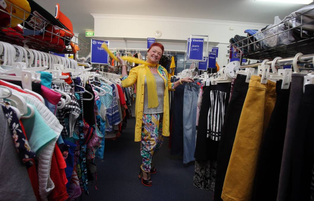 DRESSED UP: Corrimal Vinnies store volunteer Kathryn Smith decked out in a complete outfit from Vinnies on Friday. Picture: Robert Peet