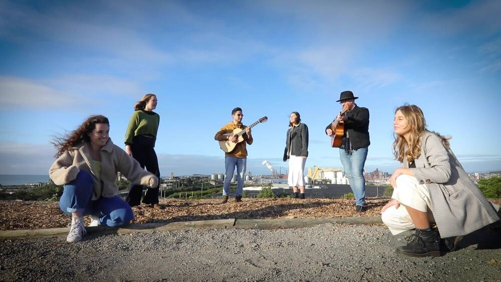 PROJECT: (Left to right) Musicians Erin Hand, Shalani Thomas, Sako Dermenjian, Ashlee Scott, Tim Moxey and Kiya Slockee in the video. Picture: Wollongong City Council 