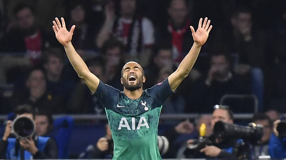 CELEBRATION: Tottenham's Lucas Moura celebrates after scoring his side's second goal during the Champions League semi-final second leg match between Ajax and Tottenham Hotspur. Picture: AP Photo/Martin Meissner