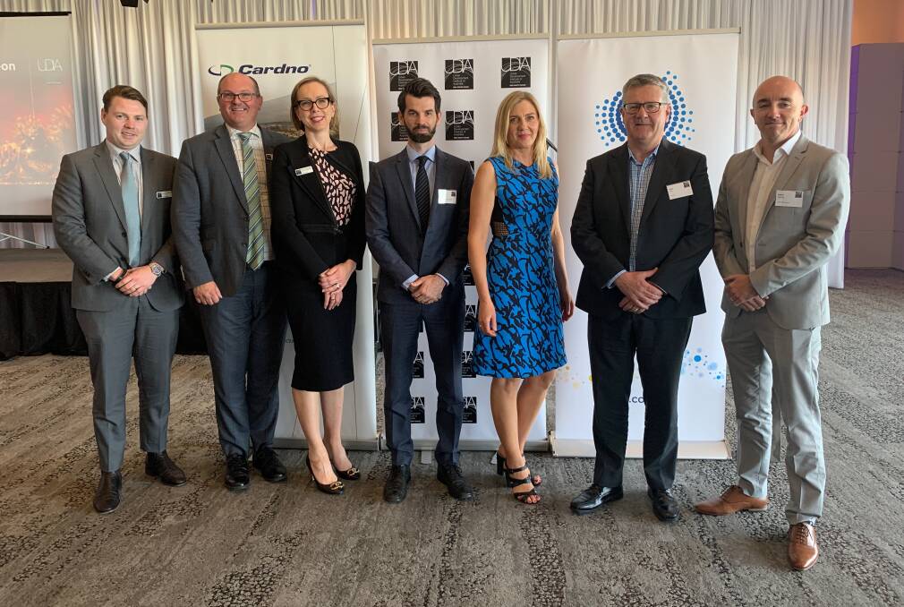 Michael Sheargold (UDIA NSW President), Steve Mann (UDIA NSW CEO), Tamara Rasmussen (DIA Southern Chapter Chair), Luke Musgrave (DPE), Jennifer Macquarie (Fountaindale Group), Peter Moy (Cardno) and Daniel Hastings (MMJ) at the UDIA event. Picture: Supplied