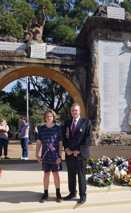COMMEMORATE: Leigh Stewart, who has launched the 'Anzac Day 2020 Illawarra Digger Drop Off', pictured with son Daniel on Anzac Day last year. Picture: Supplied