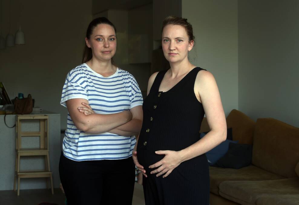 Concerns: Illawarra mums Kate Brandreth and Kate Sergent are upset at the lack of private bathroom facilities for women at Wollongong Hospital's temporary birthing unit. Picture: Robert Peet