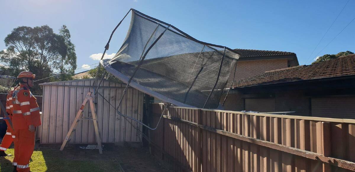 Dapto SES Unit were kept busy across the weekend removing displaced trampolines. Picture: NSW SES Dapto Unit Facebook page