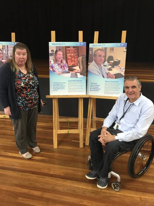 Laurinda Martin and Steve Petrolati with their respective panels. After the launch, the story panels will be on display at Corrimal Community Centre. Picture: Brendan Crabb