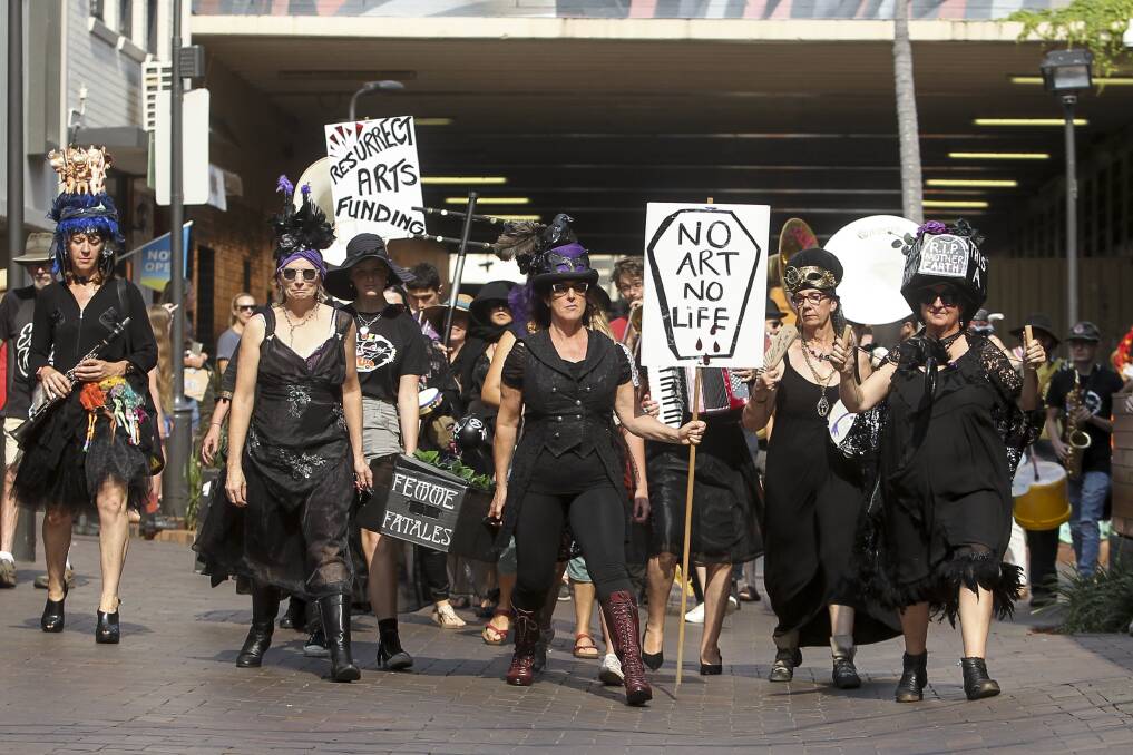 STREET FESTIVAL: Les Femmes Fatales, an Illawarra-based, all-female street-theatre protest band taking part in Friday's parade in Wollongong. Picture: Anna Warr 