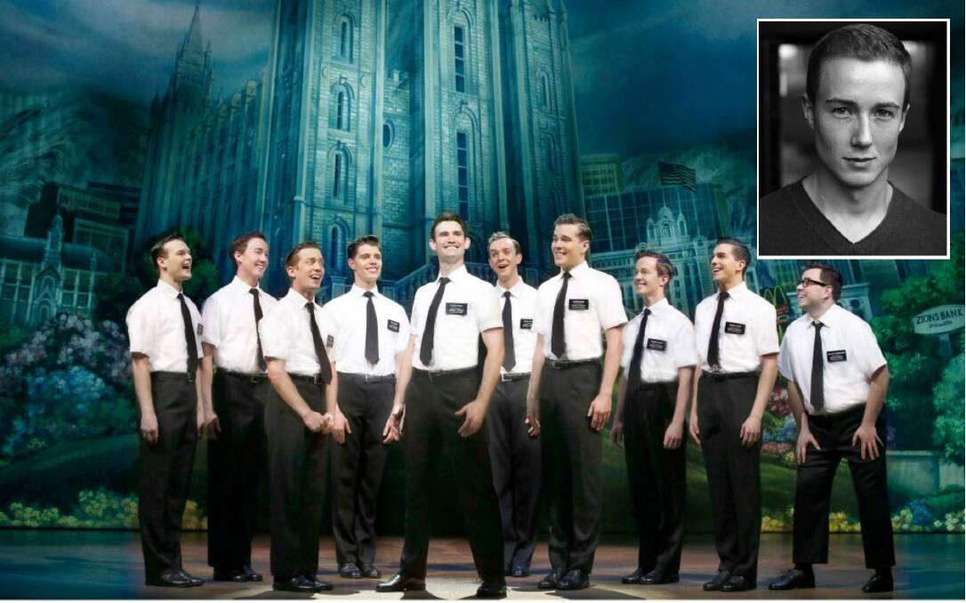 SMASH HIT: Born and raised in Oak Flats, Mitchell Mahony (inset) has enjoyed an international performance career. He is currently part of the ensemble cast of The Book of Mormon (pictured second from left). Pictures: Supplied