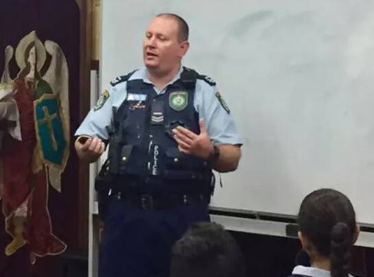 Senior constable Dean Michael Perkins speaking at a NSW school. Picture: Facebook