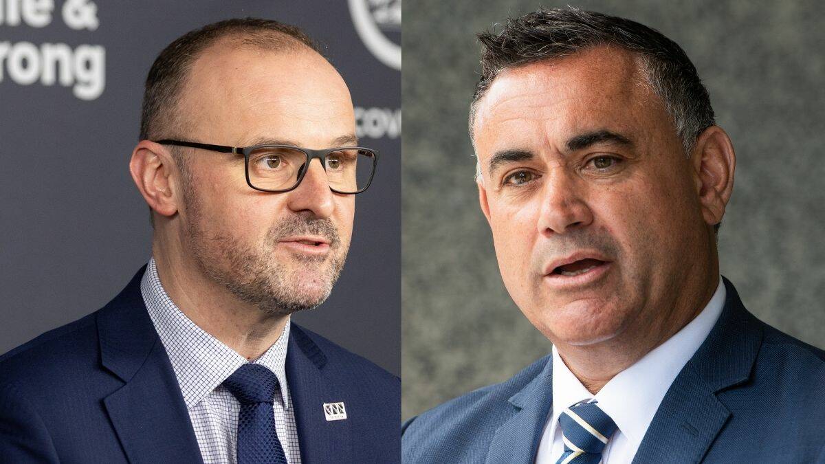 ACT Chief Minister Andrew Barr (left) said departing NSW deputy premier John Barilaro wouldn't make a good sewage detective. Pictures: Sitthixay Ditthavong, Elesa Kurtz