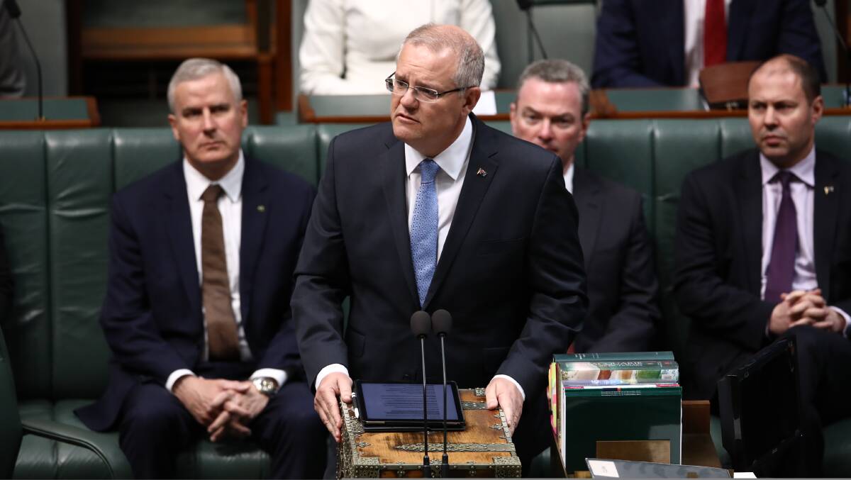 Prime Minister Scott Morrison delivers his national apology to victims and survivors of institutional child sexual abuse. Photo: Dominic Lorrimer

