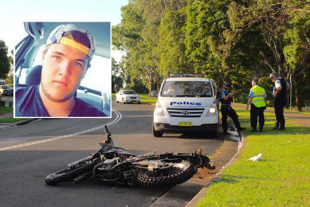 A fallen motorbike on a downhill bend on Glider Avenue marks the spot where Shane Puckeridge (inset) came fatally unstuck on Tuesday. Picture: Angela Thompson
