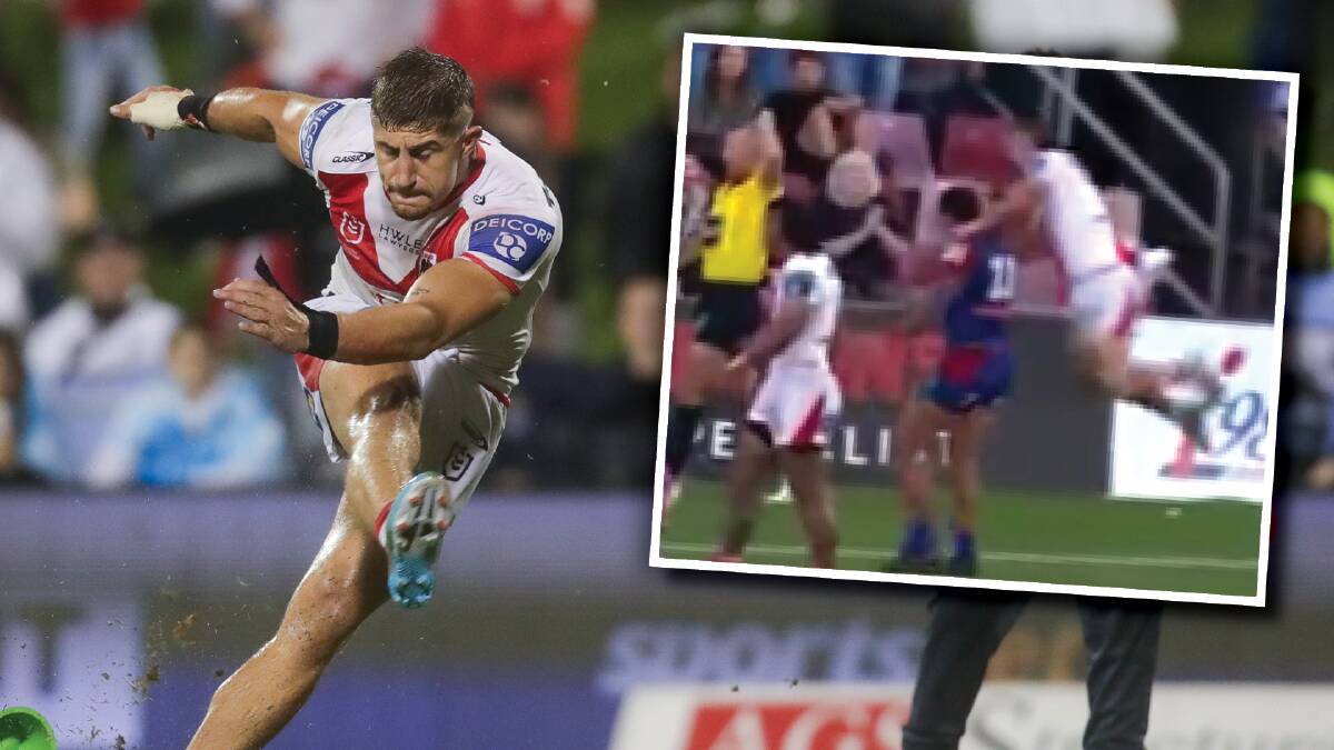 Inset: Lomax jumps on ex-teammate Frizell's back after the Dragons scored a try.