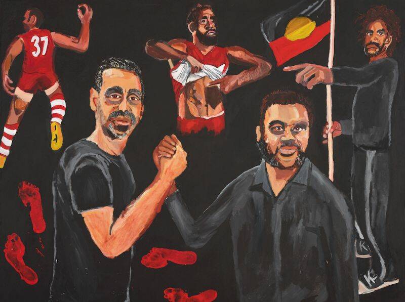 Vincent Namatjiras Stand strong for who you are, acrylic on linen, 152 x 198 cm. Photo: AGNSW/Mim Stirling
