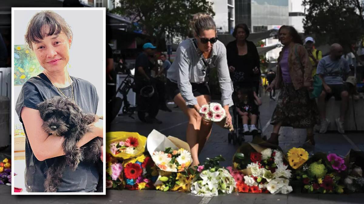 Local residents begin to lay flowers at the scene of Saturday's mass stabbing at Bondi Junction and, inset, victim Jade Young. Pictures by AAP Image/Dean Lewins, supplied