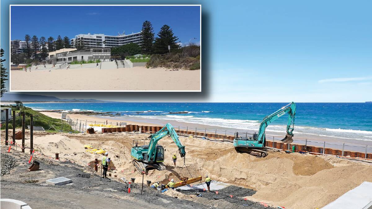 Inset: An artist's impression of the new North Wollongong Surf Club and upgraded seawall. 