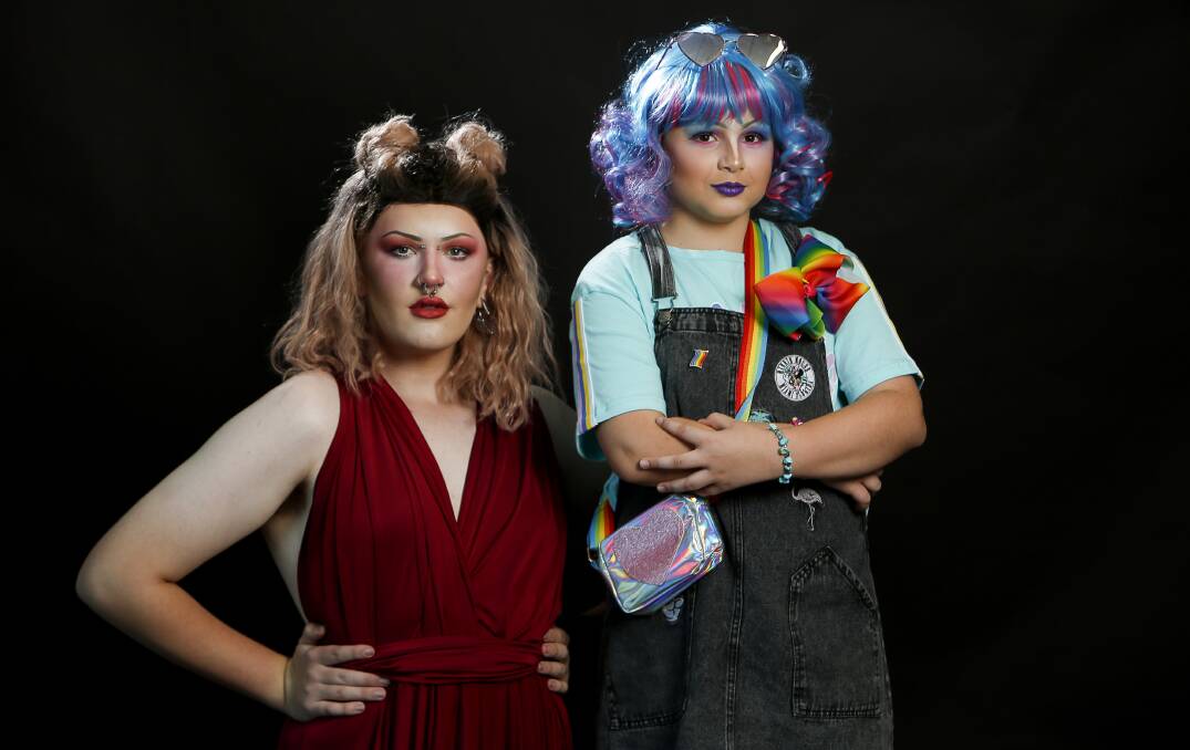 Drag queens Cherry Ripe and Jackaranda will take part in 'Jackaranda says NO to bullying' this weekend. Picture: Anna Warr