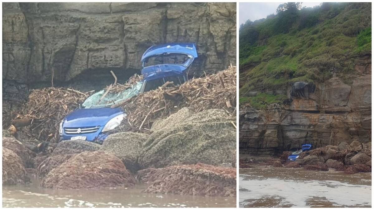 The car washed back up onto rocks at the base of a cliff near Stanwell Park Beach.