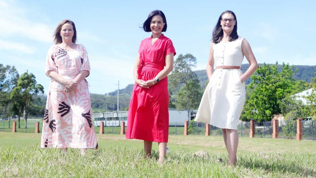 Shellharbour MP Anna Watson, NSW Labor deputy leader Prue Car and Kiama candidate Katelin McInerney outside Tullimbar PS last Thursday. Picture by Sylvia Liber.