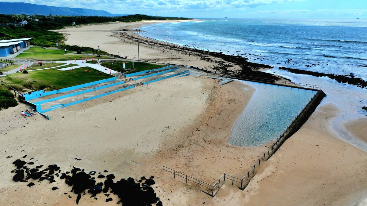 An aerial picture of Towradgi ocean pool looking like a sandpit. Picture supplied.