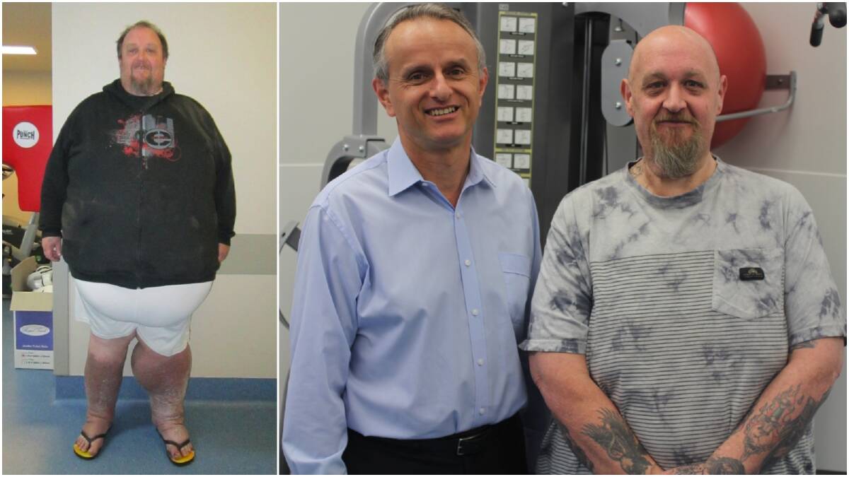 Kelvin Burns, far left, before his dramatic weight loss and, far right, afterwards with Dr Nic Kormas of the Camden Metabolic Rehabilitation Clinic.