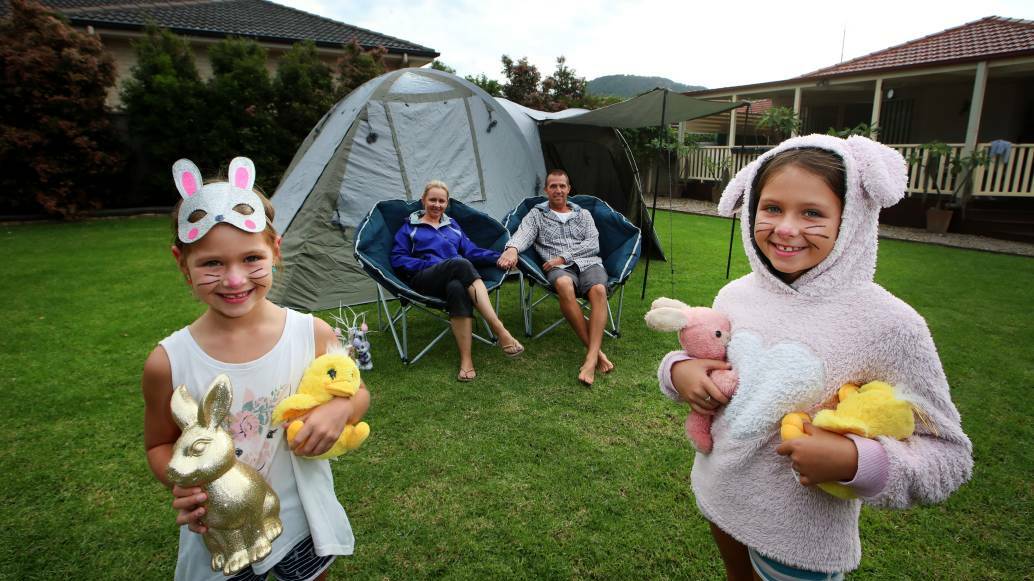 The Hurry family of Mount Ousley sets up camp in their backyard for the Easter long-weekend in April 2020.