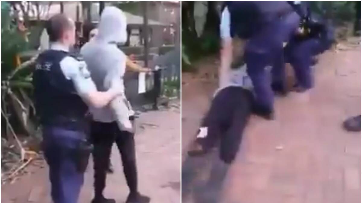 Disturbing footage shows the police officer kicking the young man's legs out from beneath him and handcuffing him while pinning him to the ground.