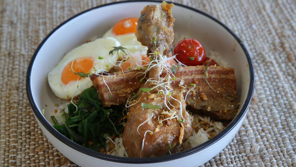 Chicken Pork Adobo: pork belly and chicken braised in soy garlic marinade. 