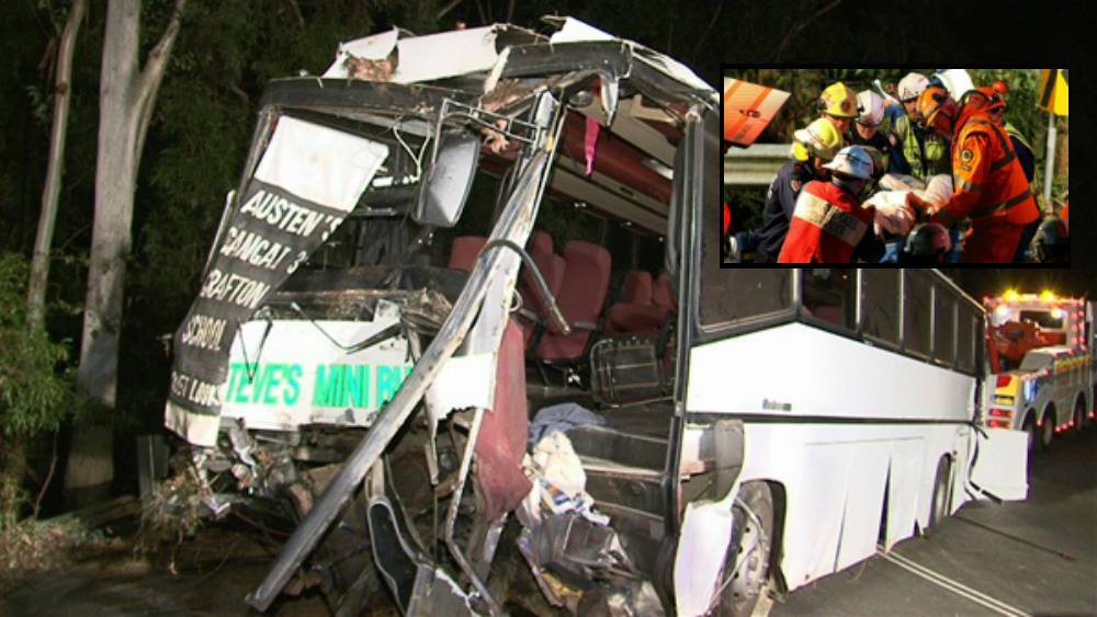 The wreckage of the 53-seater Austral Skyliner coach after it plunged down a six metre ravine near Kangaroo Valley and (inset), the rescue efforts to retrieve the injured passengers.
