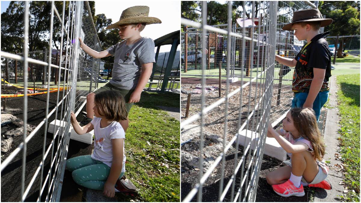 Eyesore: Aerin and Luke Varley inspect damage to the Guest Park playground caused by arsonists in September 2020, left, and again on Tuesday, right. Pictures: Adam McLean 