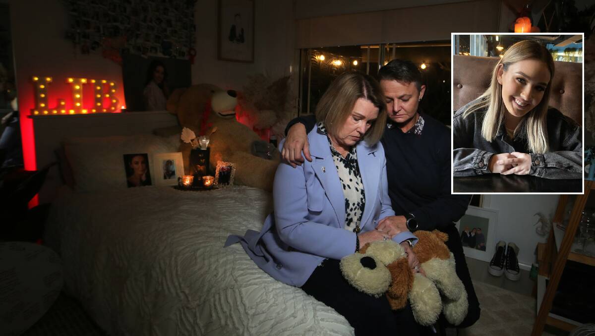 Grieving mothers Julie Ruge and Julie Harrison in Libby's untouched bedroom. Photo: Sylvia Liber