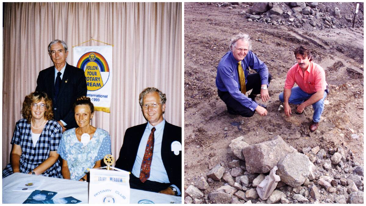 Dr Yarrow at a Rotary Club event and, right, with Stephen Johansson after they had their plans to build a rowing club scuttled by an illegal dumping of boulders at Lake Illawarra.