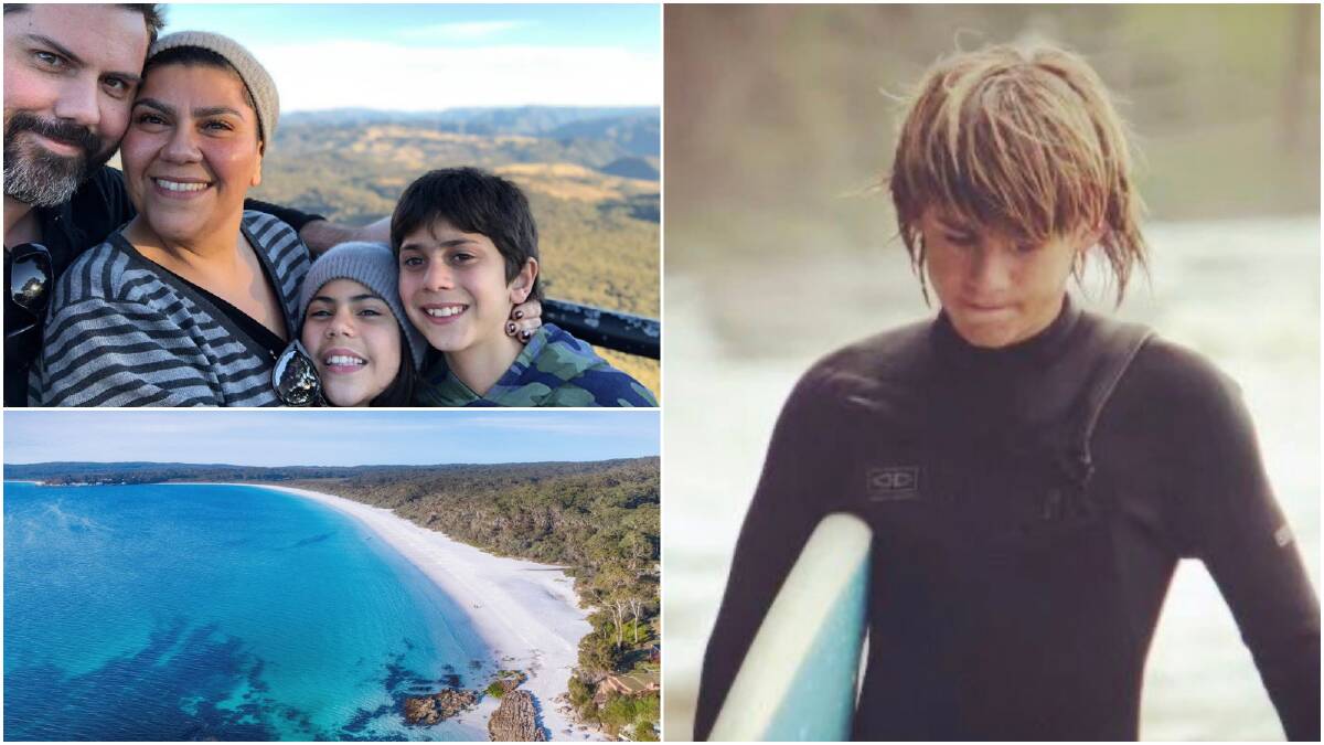 Clockwise from top left: The late Brad Coleman, Hulya Coleman and their two children, Vincentia High student Liam Ball and Hyams Beach.