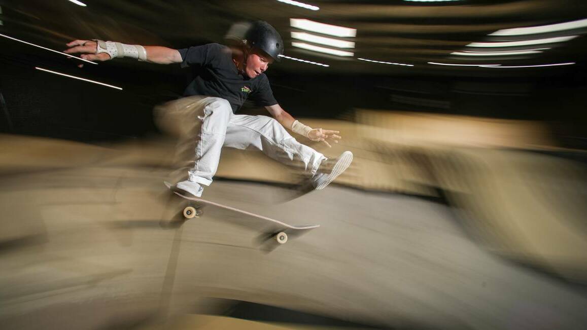 Kieran Woolley practises at 3Sixty Indoor Skatepark. Picture: Adam McLean