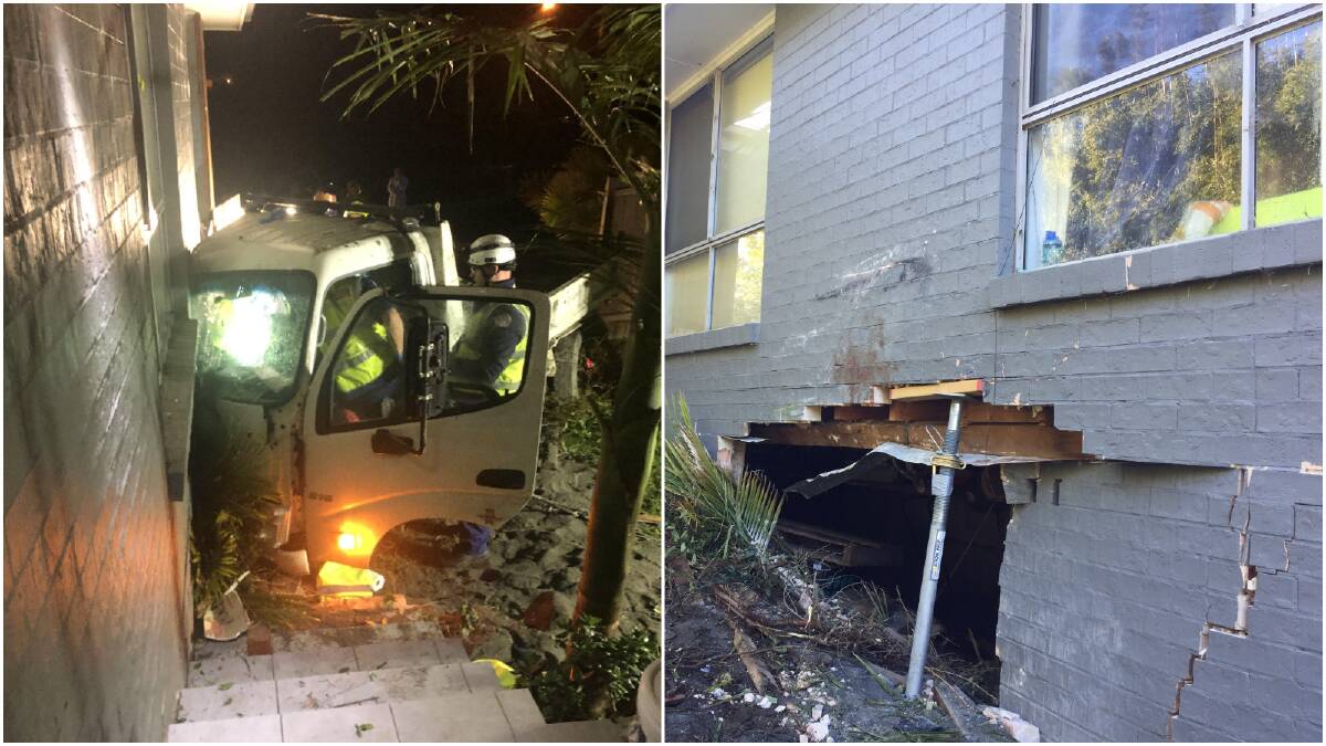 The damaged tipper which crashed into a home in Milton on Wednesday night. Photos: FRNSW Ulladulla