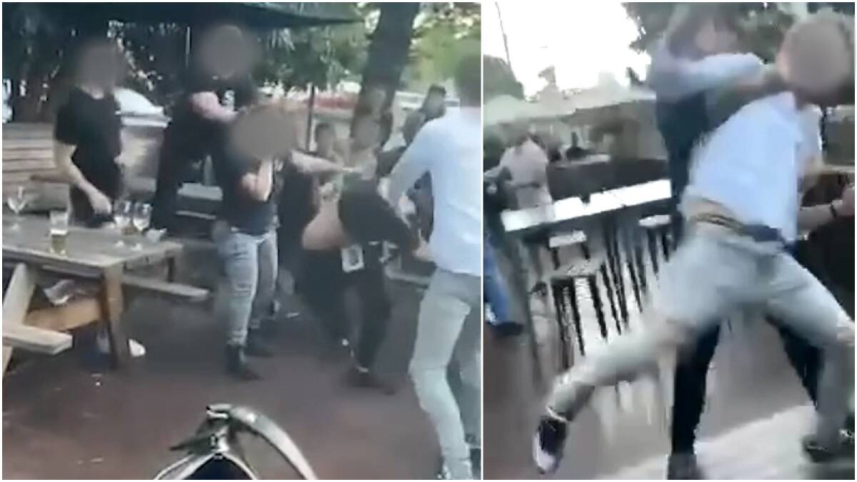 Still images from videos of a brawl at the North Wollongong Hotel on Saturday.