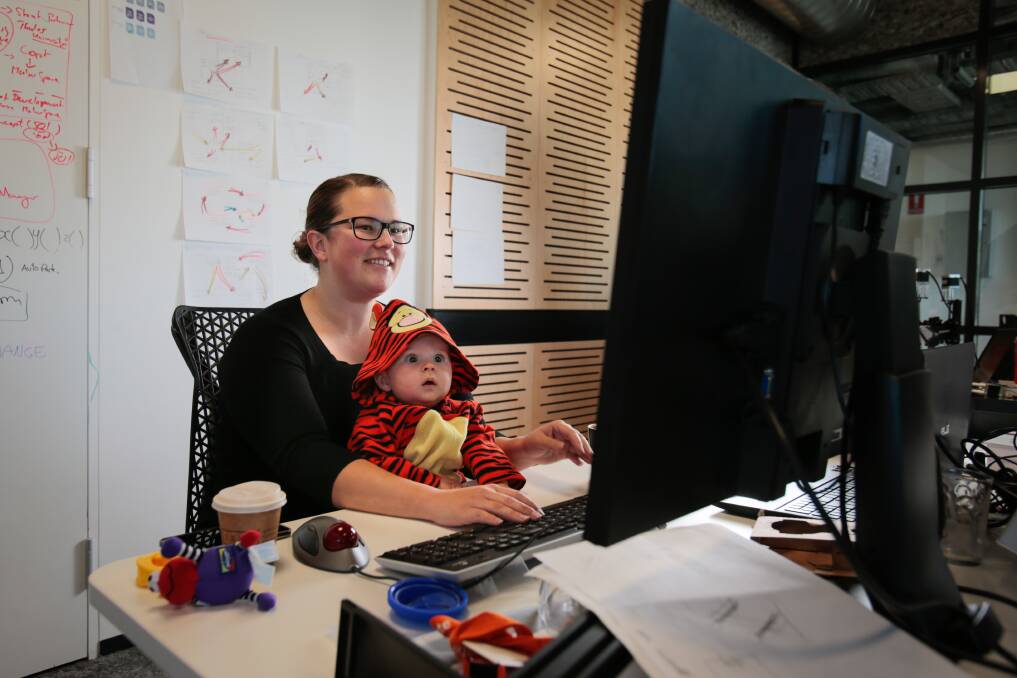 Six-month-old Logan joins his mum, Me3D founder Leanne Connelly, at work in the new iAccelerate building - which houses an eclectic mix of start-up companies at UOW's Innovation Campus.