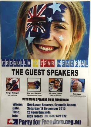 Flyers for a Cronulla riot memorial event have been circulated throughout Sydney. Photo: Supplied